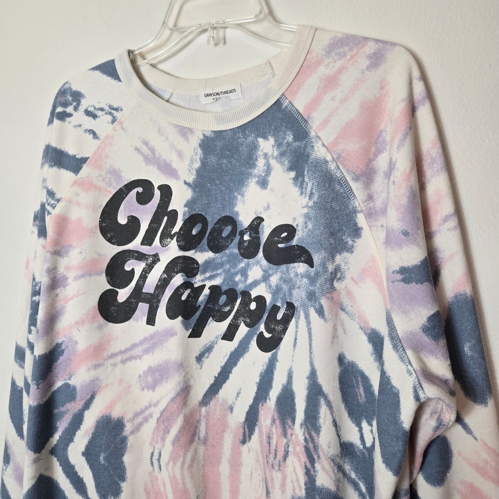 Grayson Threads Choose Happy Tie Dye‎ Raglan Sweatshirt Large Pink Blue Purple